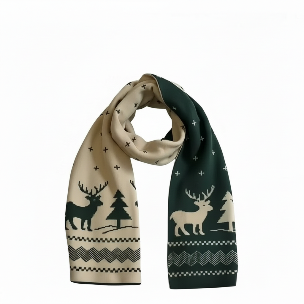 Коледен двулицев шал с елени и зимни мотиви